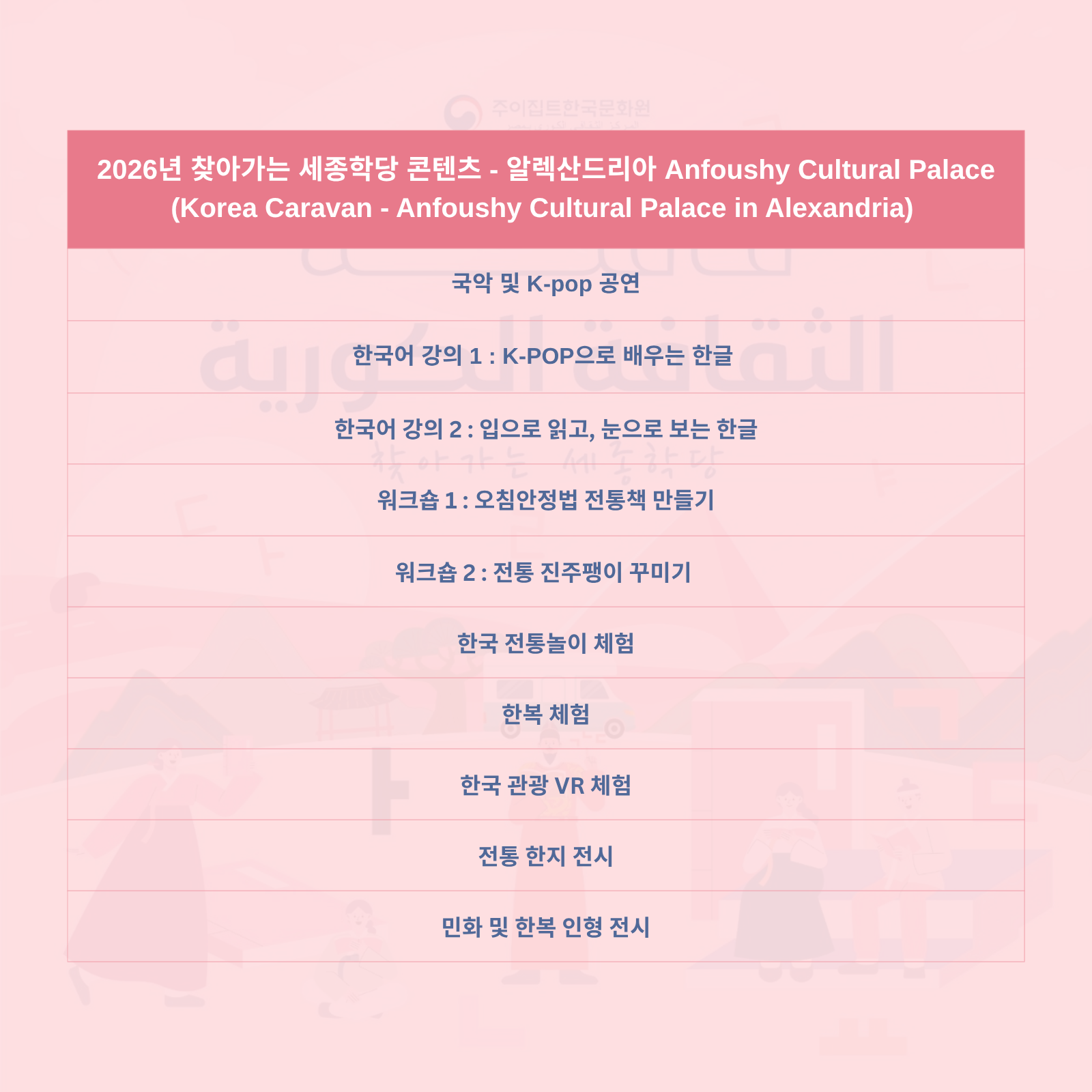 2026년 찾아가는 한국문화원 – 알렉산드리아 Anfoushy Cultural Palace 행사 개최 안내